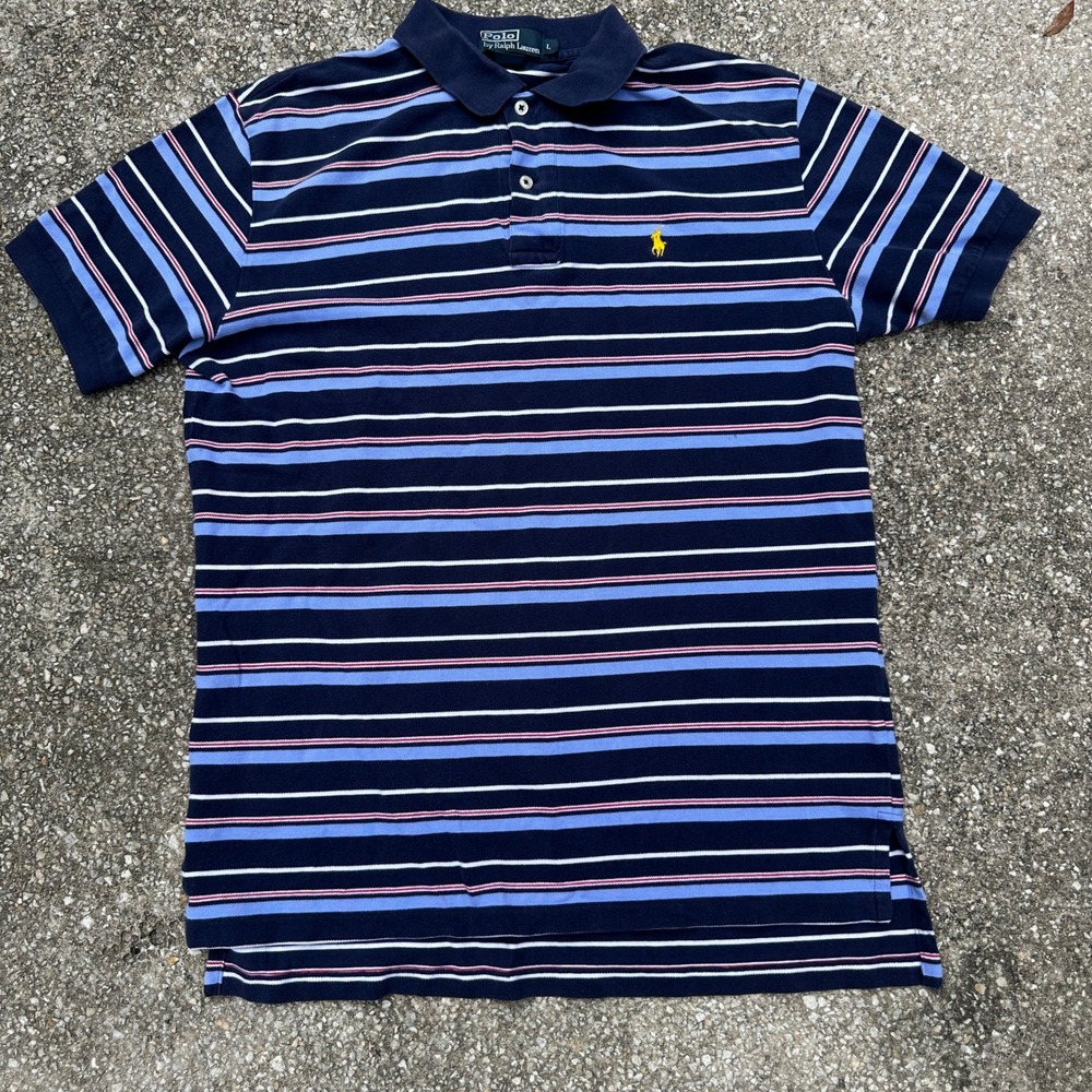 Vtg 90s Polo Ralph Lauren Mens Large Navy Blue Striped Short Sleeve Pique Polo
